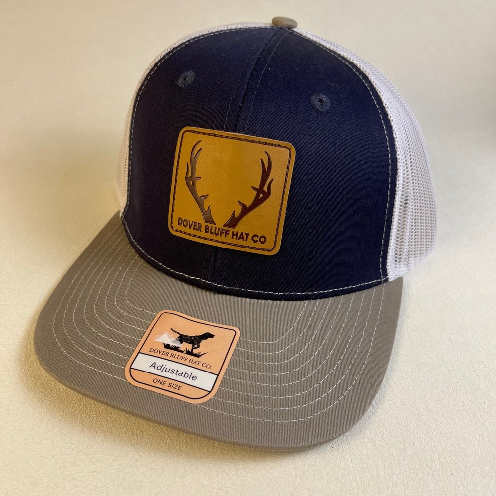 Dover Bluff Hat Co Navy Grey White Antler Leather Patch Trucker Snapback Hat